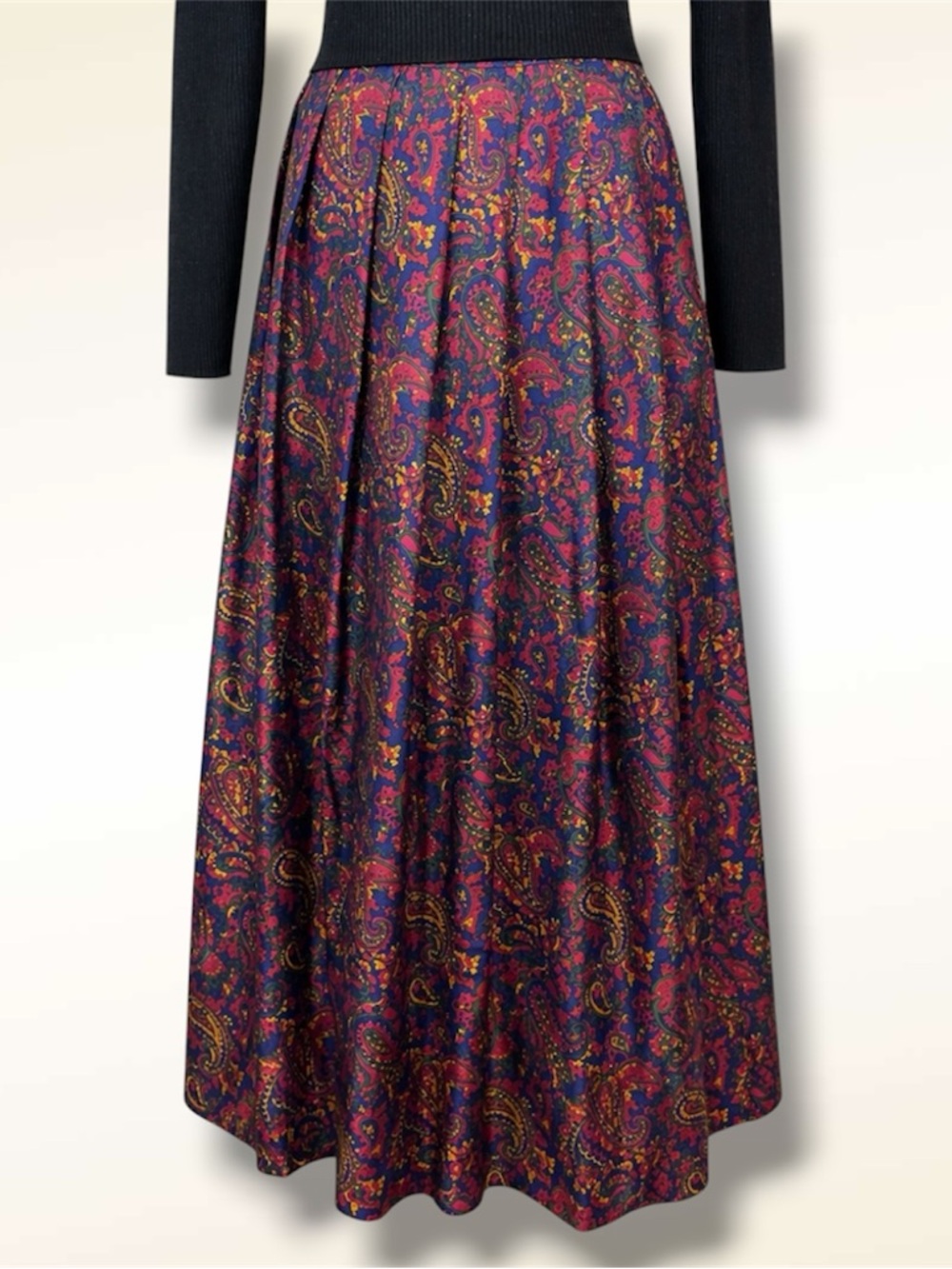 100% Pure Silk Multicolor Paisley Pleated Maxi Skirt Elastic Waist Size 8